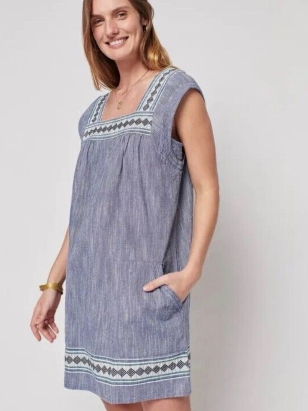 Faherty Blue Jacquard Organic Cotton Sleeveless Mini Dress Pockets Large